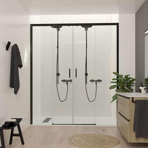 NEBADOON | Mamparas de Ducha - 2 Fijos + 2 Puertas Correderas - Mamparas de Ducha Corredera con Cristal Templado 6 mm Antical - Perfilería Negro Mate - 156 a 158cm Ancho Adaptable 4cm x 195cm (Alto)