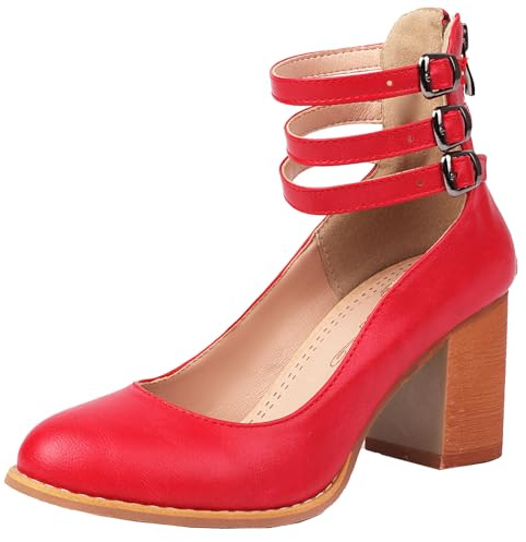 Smilice Women's Chunky Heel Business Court Shoes Heeled Dress Shoes with Zipper Red