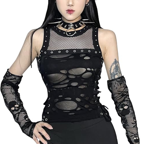 FEOYA Damer gotisk topp Y2k crop top spets goth tank top punk ihålig topp vintage väst lapptäcke bodycon t-shirt, svart, M