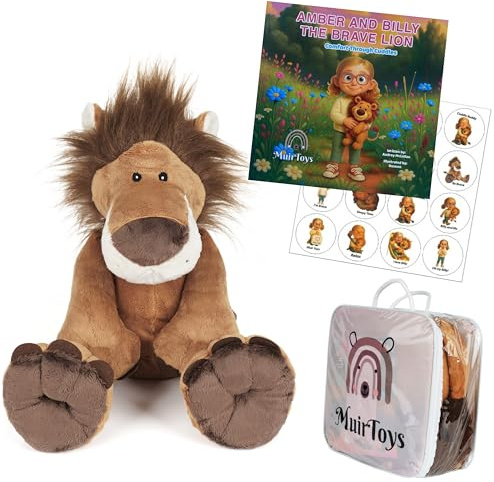 MuirToys Billy the Brave Lion Gift Set 5lbs (2.3 kg) - Calming Sensory Gift Set with Storybook, Stickers & Bag | Comforting Plush for Anxiety, Autism & Sleep Support | Soft Weighted Animal