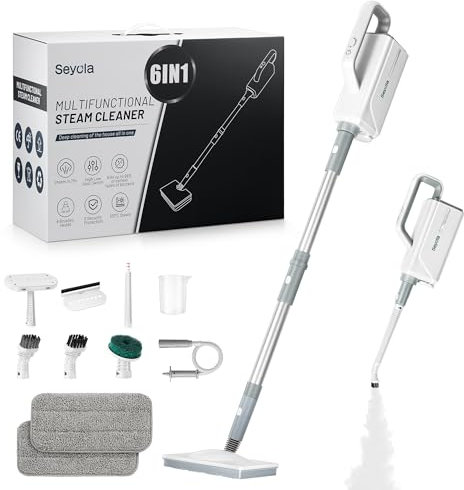 Seyola Balai à vapeur pour le nettoyage des sols, nettoyeur vapeur pour la maison avec accessoires multifonctions amovibles 6 en 1 pour planchers, vêtements, fenêtres, carrelage, joints, meubles,