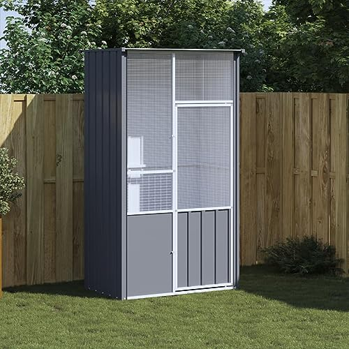 KOIECETA Voliere Vogelkäfig mit abschließbarer Flügeltür Vogelvoliere für Papageien Wellensittiche Vogelbauer Vogelhaus Verzinkter Stahl (Anthrazit, 115 x 78 x 200 cm)