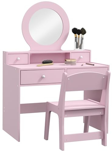 AIYAPLAY Coiffeuse pour enfants avec miroir et tabouret, coiffeuse avec tiroirs de rangement, cadeau pour enfants de 3 à 8 ans, rose