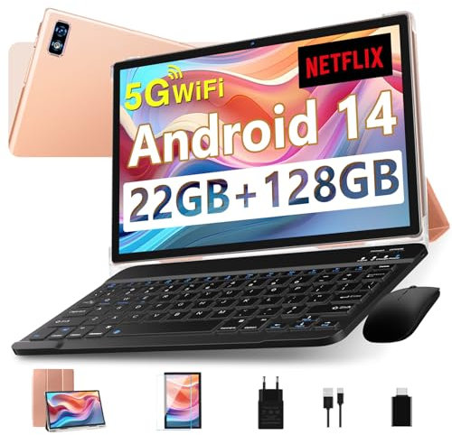 Tablette 2026 Nouvelle Tablettes 10 Pouces Android 14 avec 22Go RAM 128Go ROM 5G+2.4G WiFi, GPS, Octa-Core 2.0Ghz, GMS, 8000mAh, Widevine L1, BT5.0, Tablette Tactile avec Clavier| Souris| Etui-Or Rose