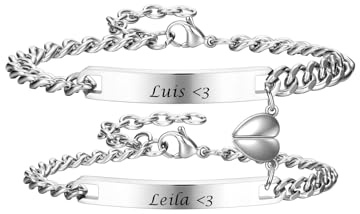 Zysta Bracciali Coppia Incisione Nomi Personalizzabili per Donna Uomo ID Bracciali Identificativi con Cuore Spezzato Magnetico Personalizzati Messaggio Bracciali Distanza Lunga Memoriale Argento
