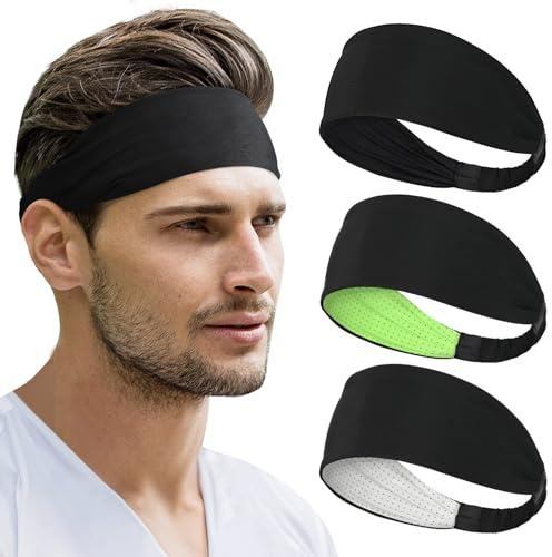 Beister Pack of 3 Sport Stirnbänder Damen & Herren, Double Sided Feuchtigkeitsabführend Workout, Schweißband rutschfest, Highly Stretchy Haarband für Laufen, Radfahren, Basketball