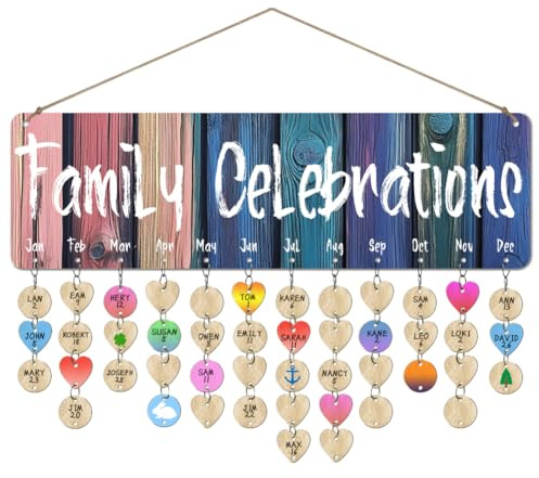 arricraft 1 Set Celebrazioni di Famiglia di Legno Compleanno Reminder Calendar Board, Celebrazioni Calendario Wall Hanging con 100 Tag per Madre Nonna Famiglia 4.7x15.7inch