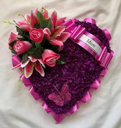 Silky Bouquets Heart-Shaped Funeral Tribute, 35cm Purple Carnation Base with Pink Roses and Lilies, Personalised Memorial Flower Arrangement