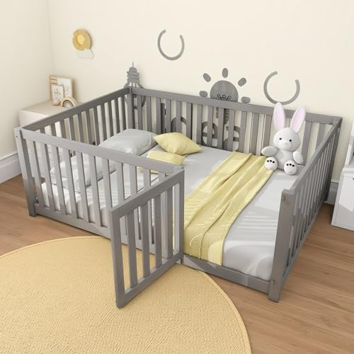 Cama Infantil Montessori 140x200 cm con Puerta y Barrera de Seguridad, Estructura de Madera Maciza de Pino con Somier de Listones, Cama de Suelo para Niños y Niñas