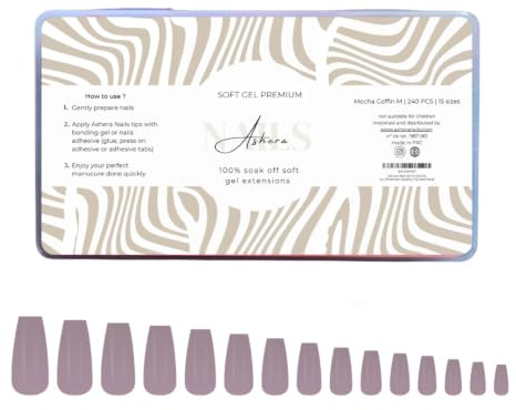 Ashera Nails Capsules Soft Gel Premium Coffin Ballerine Mocha Medium | 240 Capsules, 15 Tailles - Pose Américaine Semi-Transparente - Faux Ongles Nude Mocha Carnations Foncées