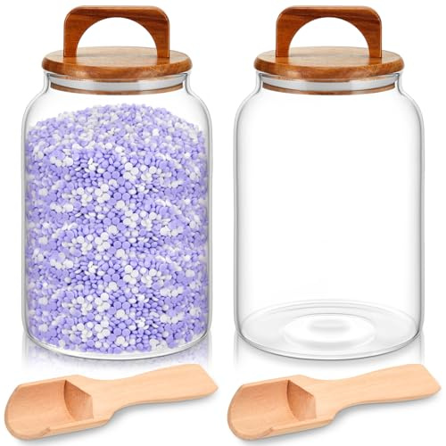 SiliFine 4 Pcs 64oz Glass Laundry Storage Containers with Handle Wooden Lid and Scoop Set-2 Pcs Laundry Room Organization Jars and 2 Multipurpose Wooden Spoon, Glass Beads Canisters Set