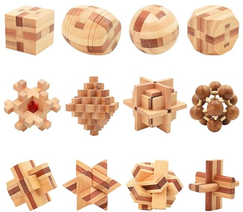 Surplex 12 Stück Premium 3D Holzknobelspiele Set, IQ Puzzle & Logikspiele für Erwachsene & Kinder, Geduldspiel, Brainteaser, Geschicklichkeitsspiel, Pädagogisches Holzspielzeug