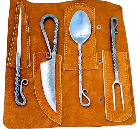 Medieval Hand-Forged Viking Silverware Set – 4-Piece Cutlery with Leather Cover – Viking Cutlery Set Knife Spoons And Forks Set- Dinnerware Sets, Kitchen Utensils And Flatware Set