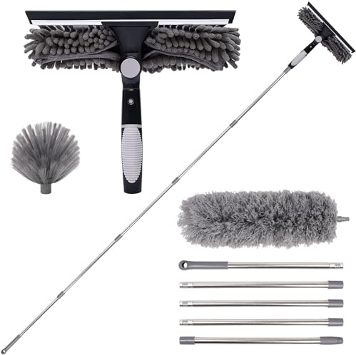 Vookkp Telescopic Window Cleaner Tool with 2.2M/7.2ft Long Window Cleaning Pole Extendable Window Squeegee with Microfiber Feather Duster Cobweb Brush for Indoor Outdoor High Glass Shower Car RV