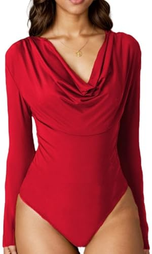 Sukiglam Body Mujer Manga Larga Elegante Cowl Neck Bodysuit Tops Sexy Leotardo Top Ajustada Bodys Tanga Vestir Fiesta Slim Fit Camisas Top Elástico Shapewear Jumpsuit Blusa Suave Color Sólido