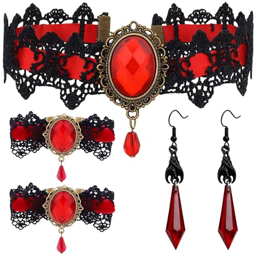 JqruiTbeis Gothic Jewellery Set of 5 Women's Vampire Costume Women's Gothic Jewellery Earrings Necklace Bracelets,Vampire Necklace Accessories