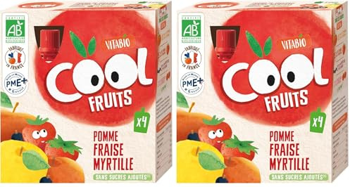 Vitabio Cool - Gourdes Fruits Pomme Fraise Myrtille 4x90 g - Compote - BIO (Lot de 2)