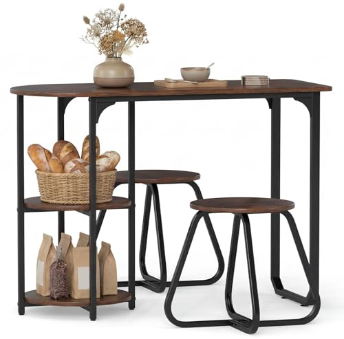 Giantex 3-Piece Dining Table Set for 2, 43.5-inches Rectangular Kitchen Table & 2 Stools with 2-Tier Storage Shelves, Metal Legs, Space-Saving Dinette Set for Small Space, Dinner, Living Room (Brown)
