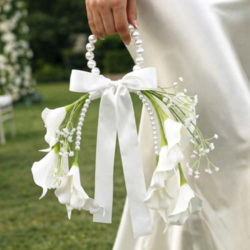Novabright White Rose Bridal Bouquet with Pearl Handle, Bridal Pearly Bouquet with Flowers with Pearl Bead for Wedding Party Church Bridesmaid(Calla Lily)