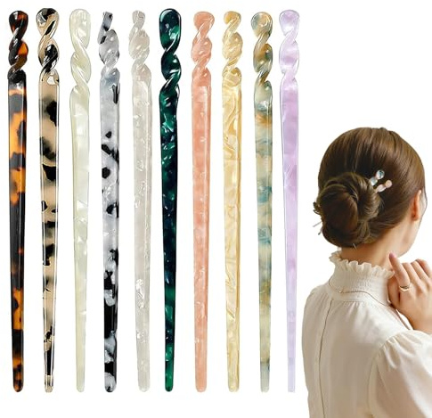 10 Pcs Hair Chopsticks, Chinese Hair Pin, Acetate Hair Sticks Pin, Tortoise Shell Kanzashi Hairpin, Vintage Print Japanese Hair Pin For Updo Bun Hairstyles (Multi-colored)