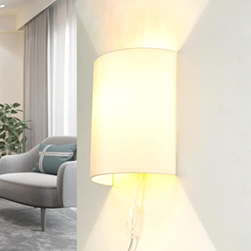 Licht-Erlebnisse Wandlampe mit Schalter und Stecker, Lampe Wand Innen, Wandleuchte Schlafzimmer, Creme, Stoff, B:20 cm, Up Down, indirekt, wohnlich, blendarm, Wandlampe Modern