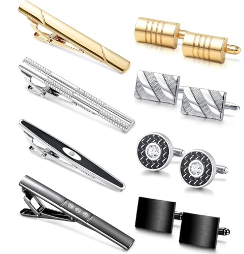 YADOCA Cuff Links Tie Clips for Men with Gift Box Black 14K Gold Plated Cufflinks Tie Bar Clip for Business Meeting Wedding Groomsmen Jewelry Gift