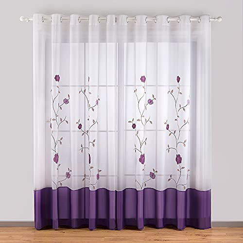 SIMPVALE Vorhänge mit Ösen, Blumenmuster Lila, 140x225 cm (B x H), 2 Panels | Transparent Polyester Voile Vorhang, Stores Gardine Schals für Schlafzimmer, Wohnzimmer, Esszimmer, Heimbüro