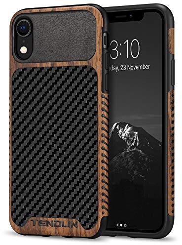 TENDLIN Kompatibel mit iPhone XR Hülle Holz und Carbon Fiber Leder Flexiblem TPU Silikon Hybrid Weiche Schutzhülle Kompatibel mit iPhone XR