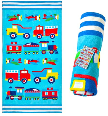 Wildkin Kids Beach Towel – 100% Cotton, Soft & Absorbent, Ideal Pool & Beach Essential (Trains, Planes and Trucks)