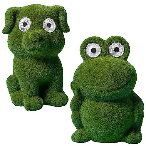 Bonetti 2-er Set LED Solar Dekofigur für den Garten mit hell leuchtenden Kulleraugen aus Polyresin gefertigt, grün beflockt, Motiv: Frosch & Hund