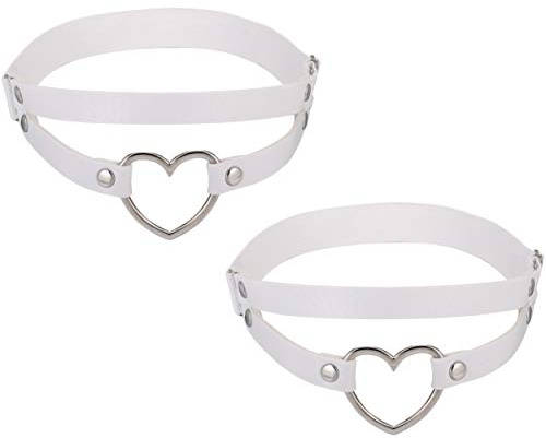 FM FM42 White PU Simulated Leather Women's Gothic Double Straps Heart O Ring Leg Thigh Elastic Garter Belt, One Pair