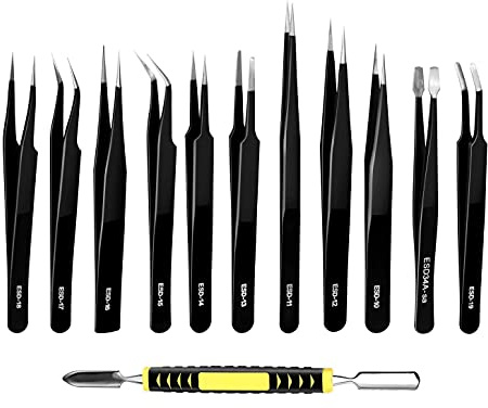 Cisixin 12Pcs Anti Estáticas de Acero Inoxidable Pinzas, Pinzas de Precisión Kit para Electrónicas, Joyería, Laboratorio, Belleza, Ceja y Pelo (Negro)