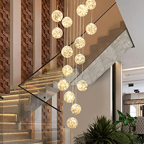 KAUCQI LED Lámpara de Colgante de 15 Bolas de Cristal, 75W Araña de Gypsophila Creativa, Longitud Ajustable, Lámparas de Techo Modernas Para Villas, Escaleras