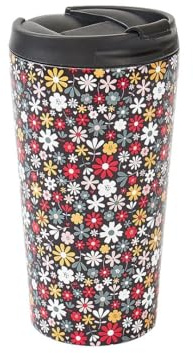 ECO CHIC Tasse à café thermique réutilisable | Tasse de voyage isotherme en acier inoxydable avec couvercle anti-fuite | Utilisable pour boissons chaudes et froides (Petites fleurs Noir)