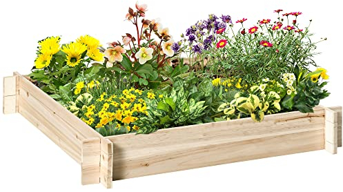 Outsunny Huerto Urbano Arriate de Madera de Jardín Cuadrada Jardinera Macetero para Cultivos Plantas Flores Hierbas Terraza 100x100x16 cm Natural