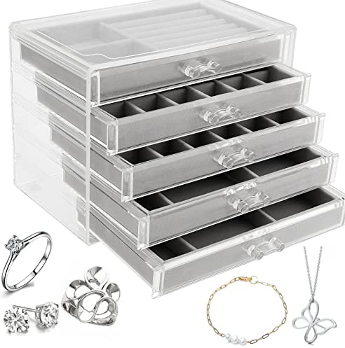 ZEONHEI 1 Stück Klarer Acryl Schmuckkasten, 5 Schubladen Transparent Verstellbarer Samt Schmuckaufbewahrung Organizer für Ohrringe Ringe Halsketten Armbänder Schmuck Display, 23.7 x 17.5 x 15 cm