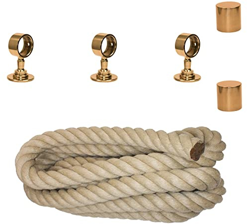 Handlaufseil-Set Ø 30 mm – 3 m Polyhanf-Seil „Nature Touch“ naturfarben mit 2 Endkappen & 3 Seilträgern, Messing glänzend | Treppe & Geländer