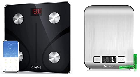 RENPHO Körperfettwaage Digital Personenwaagen Bluetooth Körperanalysewaage mit App Smart Waage Schwarz & ETEKCITY Küchenwaage, Küchenwaage digital 5KG mit großem LCD-Display, Silber