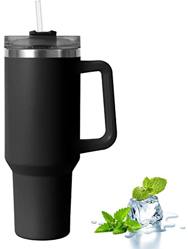 Travel Tumbler with Straw Lid and Handle,Travel Mug 40oz/30oz Stainless Steel Coffee Travel Insulated Cup Mug Leak Proof Vacuum Insulated Water Bottle for Cold & Hot Drinks (Black01 40oz)
