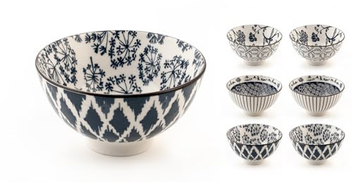 H&H Seta Set 6 Coppette in Porcellana, Tonde, Decori Assortiti, 10cm