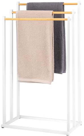 eluno Porte-Serviettes sur Pied 3 Barres en Bambou (Blanc)