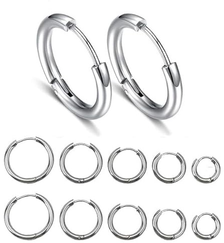5 Pairs Silver Hoop Earrings, Hoop Earrings for Men Women, Titanium Steel Cartilage Nose Lip Rings, Unisex Huggie Hinged Hypoallergenic Tiny Sleeper Earrings, 12/14/16/18/20MM