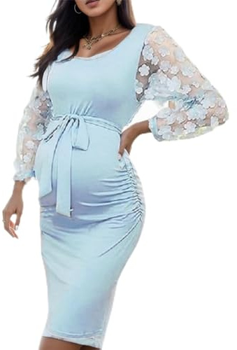 Robe Grossesse Col Rond Manche Longue Dentelle Robe Maternité Fête Soirée Cérémonie Décontractée Midi Robe Grossesse Chic Et Elegant Pas Cher Mariage Shooting Photo (Light Blue, XXL)