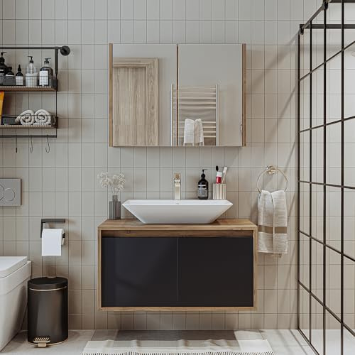 ROOMART • Badmöbel Set • Atlantic • 3-teilig • Keramik Waschbecken mit Unterschrank 65 cm, 85 cm, 100 cm, Spiegelschrank 80 cm (Anthrazit - Eiche, 85 cm)