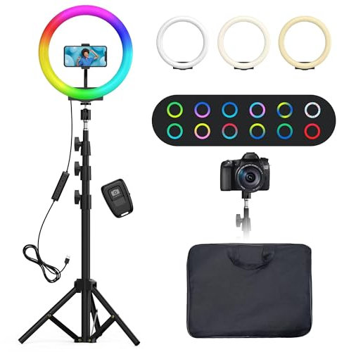 Luce Ad Anello con Treppiede Alto, QIUOIO Ring Light con 35 Modalità RGB, 3 Effetti Di Luce, 10 Luminosità Regolabil, con Porta Cellulare, Luce Ad Anello per Smartphone Adatto Allo Shooting