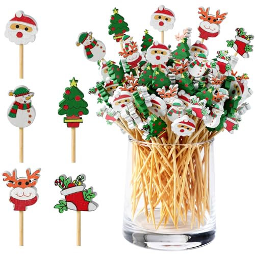 Bekeify 200 Piezas Palillos de Cóctel de Navidad 12 CM Pinchos de Bambú de Dientes 5 Estilos Brochetas de Fruta Palitos Aperitivos de Madera Decoración Fiesta para Cócteles Aperitivos Canapés Bebidas