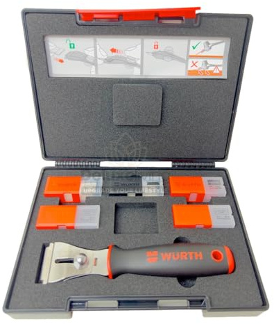 Würth 2K Klingenschaber Set 52-teilig zum Entfernen von Etiketten, Aufklebern, Kleberresten auf Glas Kochfelder Fensterschaber 0714663380
