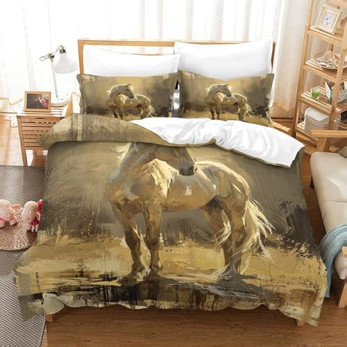GUYDZOOM Pferd Bettbezug Set Bettwäsche-Sets Kinderbettwäsche Reißverschluss Mit Kissenbezug Betten Set Für Jungen Und Mädchen, Kinder Single（140x200cm）