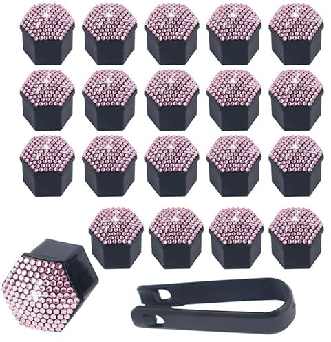 SYSUII 17mm Auto Radschraubenkappen, 20 Stück Radmutternkappen Mit Entfernung Werkzeug Sechskant-Reifen Bling Diamant Muttern-abdeckungen Radbolzen Kappen Rad Mutter Cap Radbolzen Schutz Cover-Rosa
