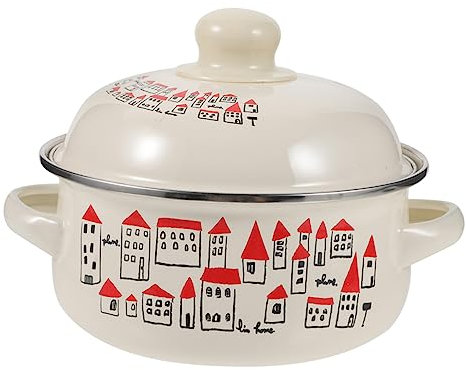 YARNOW Vintage Enamel Soup Pot with Lid, 18cm Red Double-Handle Enamel Stockpot for Outdoor Picnic and Stovetop Cooking